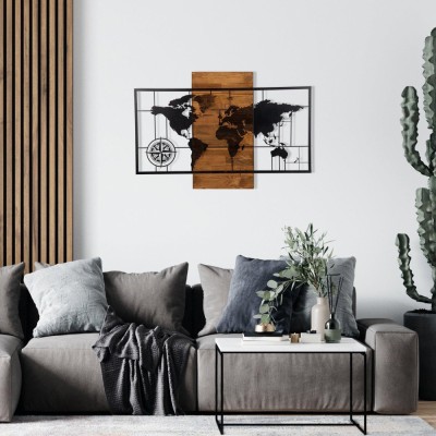 Decoratiune de perete lemn Harta Lumea, Negru, 85 x 58 x3 cm foto