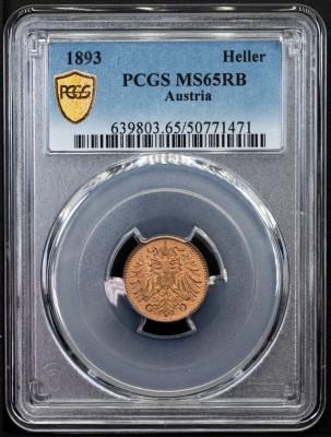 FRANZ JOSEPH I - 1 HELLER 1893 MS 65 RB - TOP POP 1/3- MONETARIA VIENA - GRADATA PCGS 50771471 foto