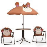 Set Bistro Gradina Copii vidaXL, 3 Piese, Maro, Masa+2 Scaune Pliabile+Umbrela, Otel/Poliester, 50cm Diametru Masa, 105cm Umbrela
