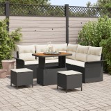 Set de sofa pentru gradina Gossi cu 8 piese si perne negre din poliratan acacia, sofa pentru gradina Gossi cu 2 locuri si perne negre din poliratan, s
