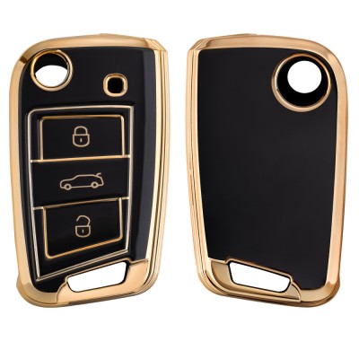 Husa Cheie Auto pentru VW / Skoda / Seat - 3 Butoane, kwmobile, Silicon, Negru / Gold, 56006.01 foto