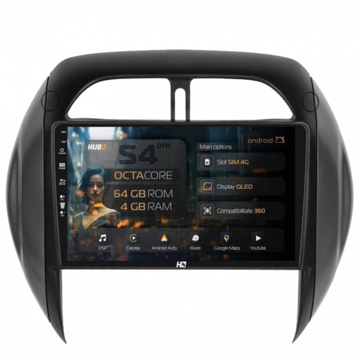 Navigatie Toyota RAV4 (2001-2006) 4GB RAM Android 13 Octacore Slot Sim 4G DSP GPS Wi-FI Carplay Android Auto USB Bluetooth Waze Touchscreen 9 inch