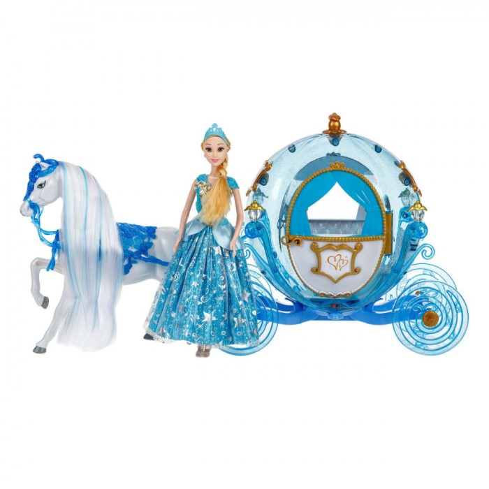 Set Păpușă, Caleasca și Cal, Păr Blond, Rochie Ciel, 3 Piese