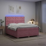 Cumpara ieftin Pat boxspring cu saltea cu benzi LED Roz 160 x 200 cm Catifea