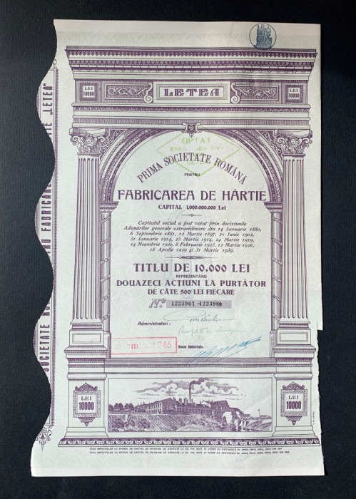 Letea - Prima Societate Romana pentru Fabricarea de Hartie - Actiuni - 1943