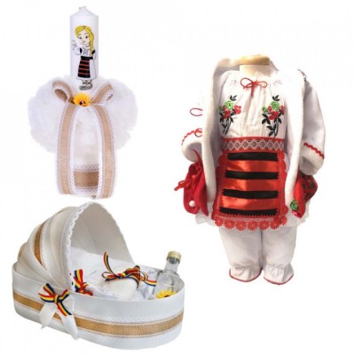 Set botez traditional fetita, trusou botez landou, lumanare si costum foto