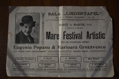 eveniment Sala Liedertafel Eugeniu Popasu Marioara Grozavescu 1916 Bucuresti foto