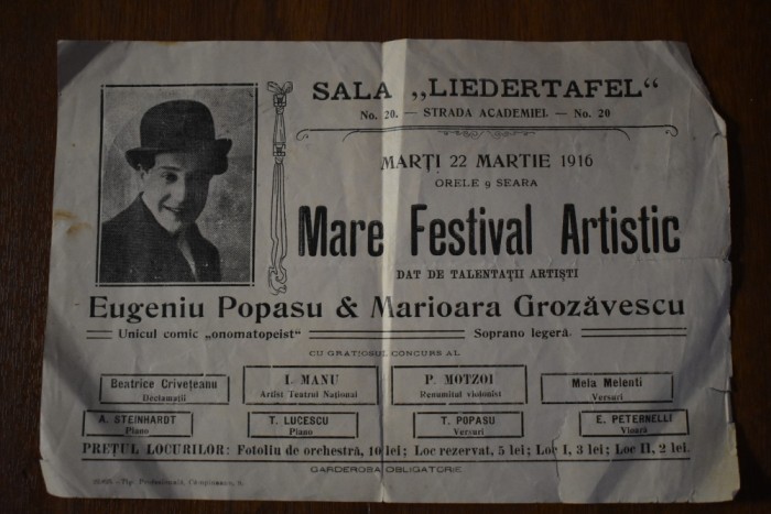 eveniment Sala Liedertafel Eugeniu Popasu Marioara Grozavescu 1916 Bucuresti