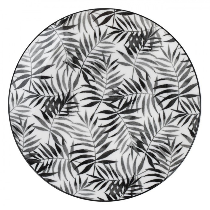 Farfurie Porțelan, Model Frunze Tropicale, Diametru 19 cm, Negru