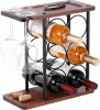 Suport Sticle Vin, Metal si Lemn, 6 Sticle, 2 Pahare, Negru, 35cm, Decorativ, Casa, Bar
