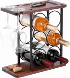 Suport Sticle Vin, Metal si Lemn, 6 Sticle, 2 Pahare, Negru, 35cm, Decorativ, Casa, Bar