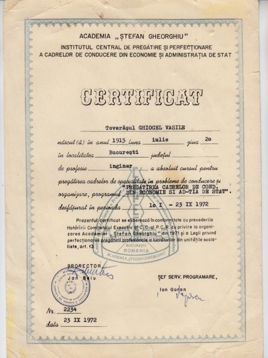 QW13 13 - 1972 - certificat absolvire curs conducere Academia Stefan Gheorghiu