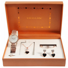 Set cadou, ceas dama, Excellanc rose gold, colier cu pandativ, 1 pereche cercei, 1 bratara si 1 inel Excellanc