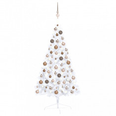 Set jumătate brad Crăciun artificial LEDuri&globuri, alb 120 cm