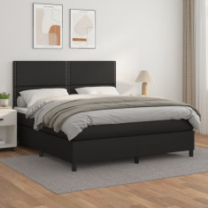 vidaXL Pat box spring cu saltea, negru, 180x200 cm, piele ecologică