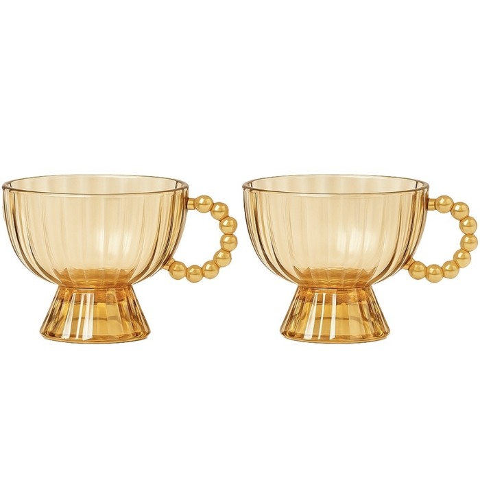 Set 2 cupe Pufo pentru desert sau &icirc;nghețată, cu picior și m&acirc;ner elegant, din sticlă groasă, model premium, 300 ml, auriu