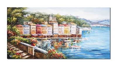 Tablou lacul Como pictat manual, Colt de rai, 120x60cm ulei pe panza in cutit efect 3D, gata de expus pe perete foto
