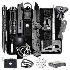 Kit supravietuire multifunctional pentru camping si urgente, trusa compacta cu cutit, lanterna, bratara paracord, busola, accesorii outdoor
