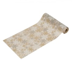 Tesatură Decorativă, Model Bej, Fulgi Albi și Aurii, Glitter Argintii, Dimensiuni 5m x 24cm