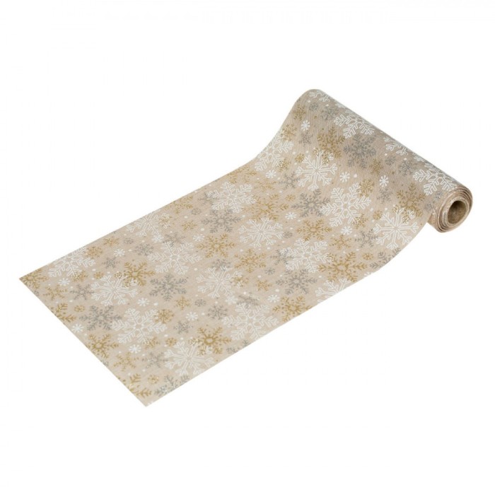 Tesatură Decorativă, Model Bej, Fulgi Albi și Aurii, Glitter Argintii, Dimensiuni 5m x 24cm