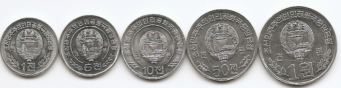 Coreea de Nord Set 5 - 1, 5, 10, 50 Chon, 1 Won 2002/08 - Flori, UNC !!!