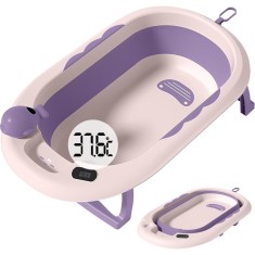 Cada baie pliabila pentru copii 0-6 ani &acirc; cu termometru, perna suport, model balena, mov, 81.5 x 49 x 21.5 cm