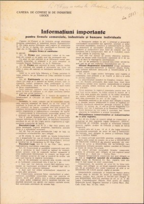 A433 Informațiuni importante pentru firmele comerciale, industriale și bancare individuale, Camera de Comerț și Industrie Lugoj, 1944 foto