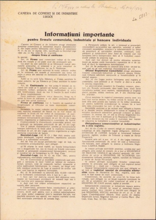 A433 Informațiuni importante pentru firmele comerciale, industriale și bancare individuale, Camera de Comerț și Industrie Lugoj, 1944