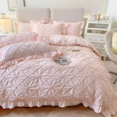 Set Lenjerie de Pat din 100% Bumbac 300TC, 4 Piese, Husă Pilotă 200x230 cm, Roz Pudrat, cu Volane