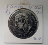 Monedă 5 pesetas 1876 Alfonso XII. Argint 900, 24,9 grame.
