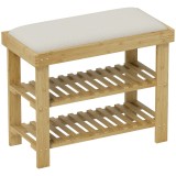 HOMCOM Bancă pentru &icirc;ncălțăminte din bambus, etajeră pentru &icirc;ncălțăminte cu 3 niveluri, stil scandinav, 60 x 29 x 49 cm, crem și lemn natural | Aosom