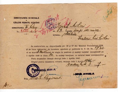 CFR INAINTARE IN CLASA IMPEGAT DE MISCARE STATIA VALEA LUI MIHAI STAMPILE 1946 foto