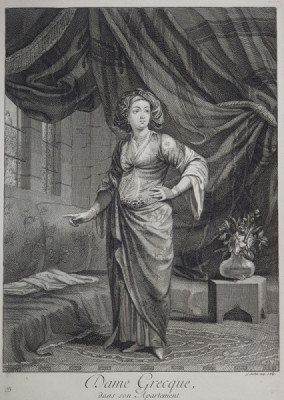 DAME GREQUE , DANS SON APARTEMENT , GRAVURA ORIGINALA PE METAL DE GERARD SCOTIN , 1714 foto