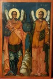 ICOANA &Icirc;MPĂRĂTEASCĂ-SFINȚII ARHANGHELI MIHAIL SI GAVRIL-TEMPERA PE LEMN-SCOALA ROMANEASCA-SECOL 19-DIMENSIUNI 95X63 CENTIMETRI