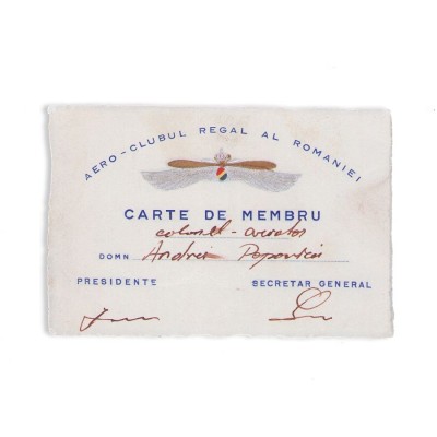 Aero-Clubul Regal al Rom&amp;acirc;niei, cartea de membru a aviatorului Andrei Popovici foto