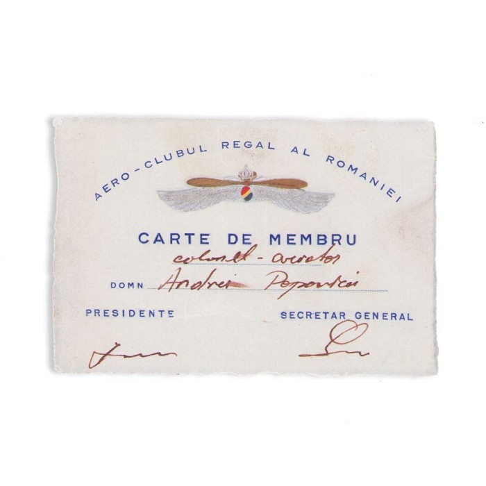 Aero-Clubul Regal al Rom&acirc;niei, cartea de membru a aviatorului Andrei Popovici