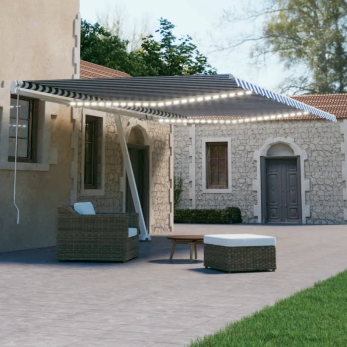 Copertină automată cu senzor v&acirc;nt&amp;LED, albastru/alb 500x300 cm