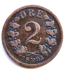 Norvegia 2 ORE 1893 moneda din bronz km # 353 tiraj mic regele OSCAR II