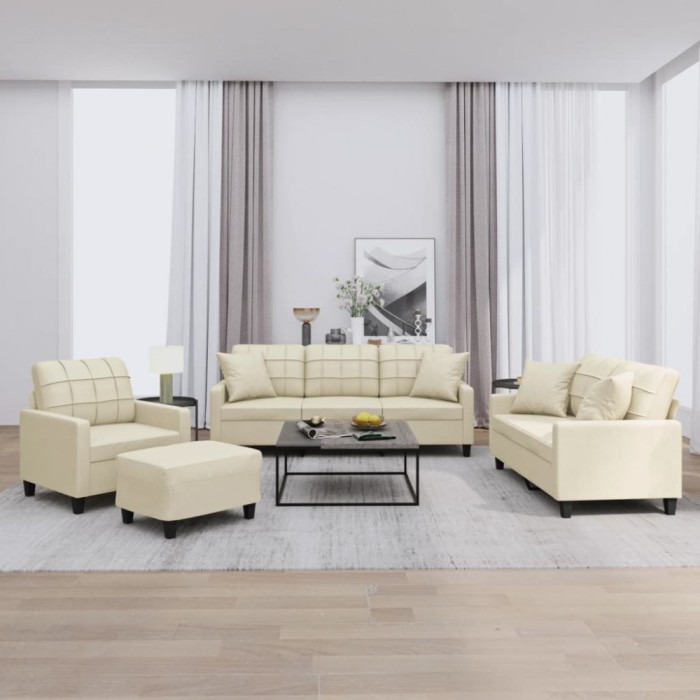 vidaXL Set de canapele cu perne, 4 piese, crem, piele ecologică