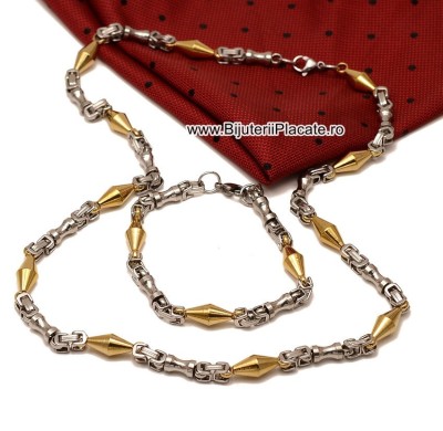 Set Lant+Bratara inox model Byzantine Ton Auriu si Argintiu cod S182 foto
