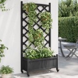 vidaXL Jardinieră cu spalier și roți, negru, lemn masiv de brad
