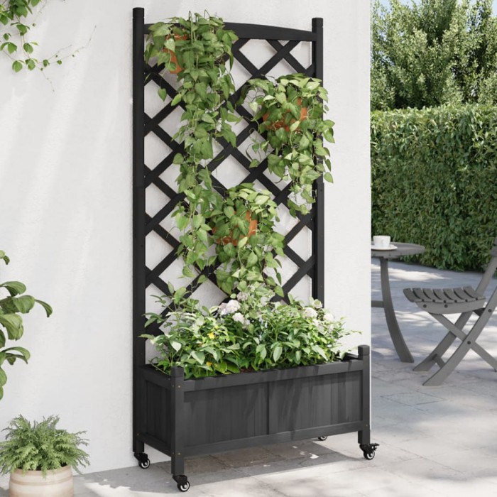 vidaXL Jardinieră cu spalier și roți, negru, lemn masiv de brad