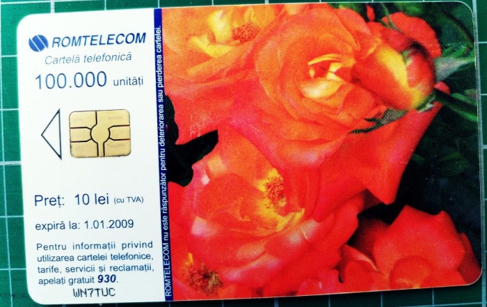 Cartelă telefonică Romtelecom Floral 10 lei 100.000 unități WN7TUC exp. 01.01.2009 Trandafiri Gălbenele Flori Plante