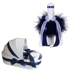 Trusou botez in landou si lumanare cu floricele, decor bleumarin Denikos&reg; 103