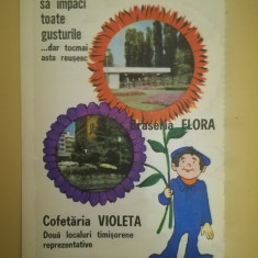1972, Reclama Braseria FLORA, cofetăria VIOLETA, 19 x 12 cm , Timisoara comunism