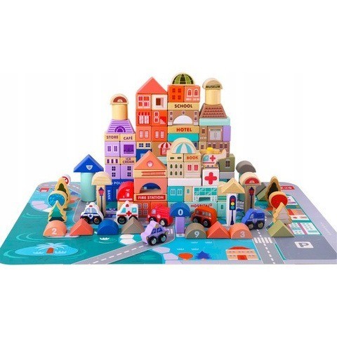 Set de constructie pentru copii, din lemn, 115 cuburi, 3 ani+, multicolor