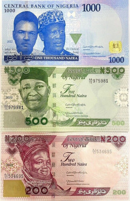 !!! NIGERIA - SET 200 + 500 + 1000 NAIRA 2022 - P NEW - UNC / DESEN NOU foto
