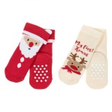 șosete Anti-Slip Bebe, Set 2 Perechi, Roșu și Ecru, Crăciun, Moș Crăciun și Cerb, 0-6 Luni, Oem