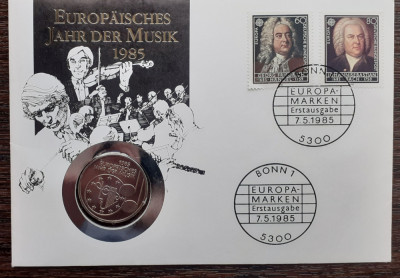 GERMANIA - FDC SI MONEDA 5 MARK 1985 F, ANUL EUROPEAN AL MUZICII, MONEDA UNC foto