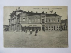 Alba Iulia:Hotel Dacia,magazine,piata,carte poștală scrisa 1922